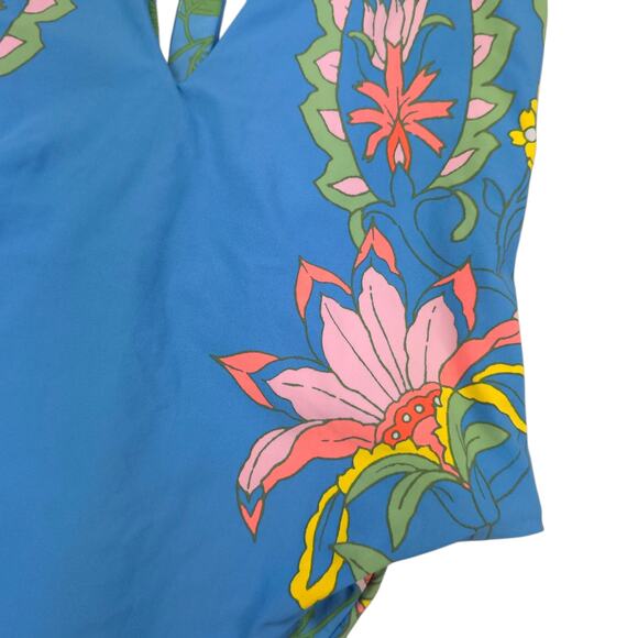 Maaji One Piece Swimsuit Maya Blue Tiki Plunge Reversible Floral Racerback - Picture 6 of 14